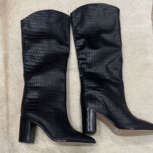 Schutz Maryana Black Croc-Embossed Knee-High Boots